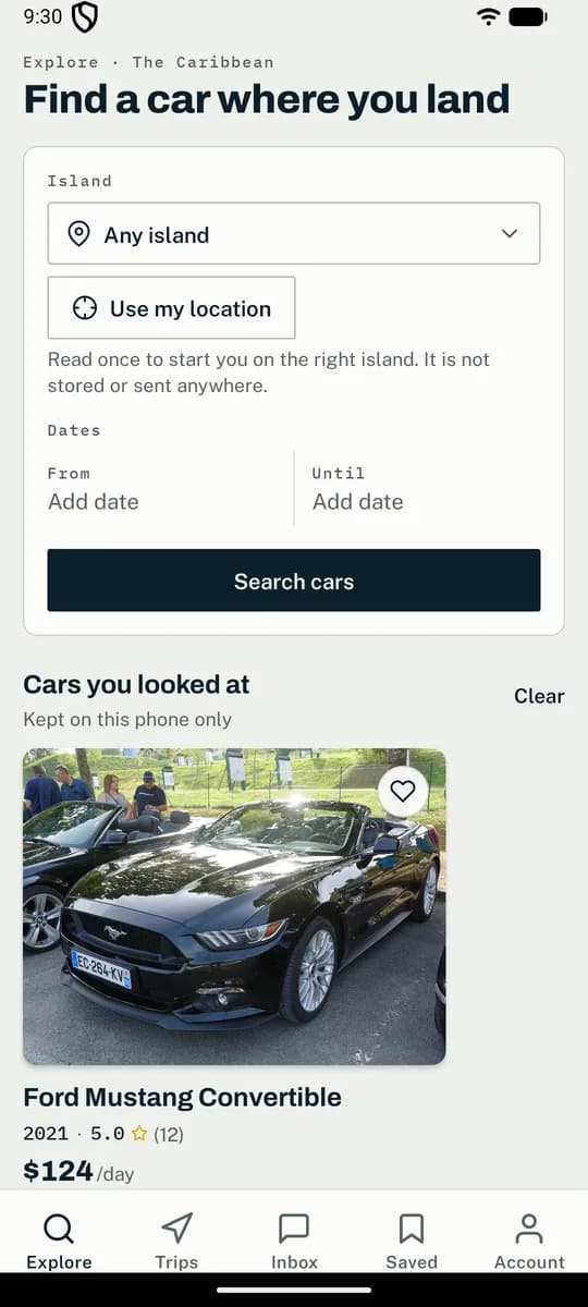 The Explore screen of the Roadelle app, listing cars to rent