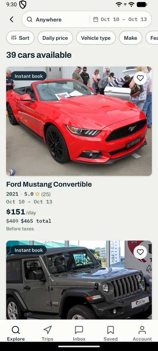 Search results in the Roadelle app: 39 cars available, each with a daily price and trip total