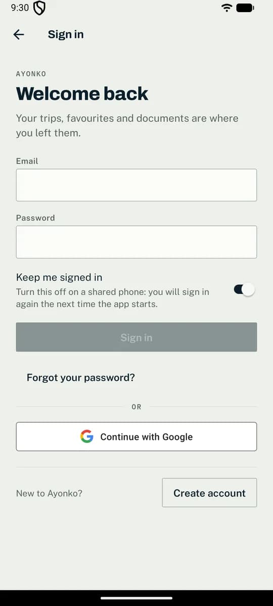 The sign-in screen of the Roadelle app, with a button to sign in with Google